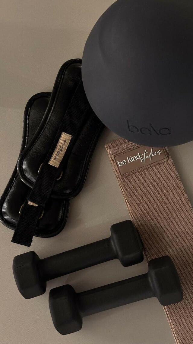 aesthetic pilates hand weights, ankle weights, weighted ball, and booty band