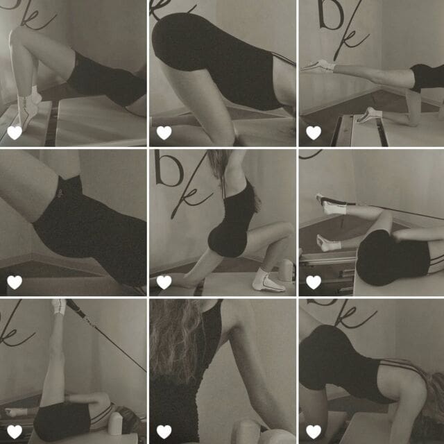 black and white collage of pilates moves on reformer